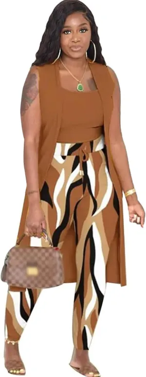 Women's 3 Piece Lounge Travel Set Pajamas Set Sweatsuit Outfits Long Cardigan   Pants  Tank