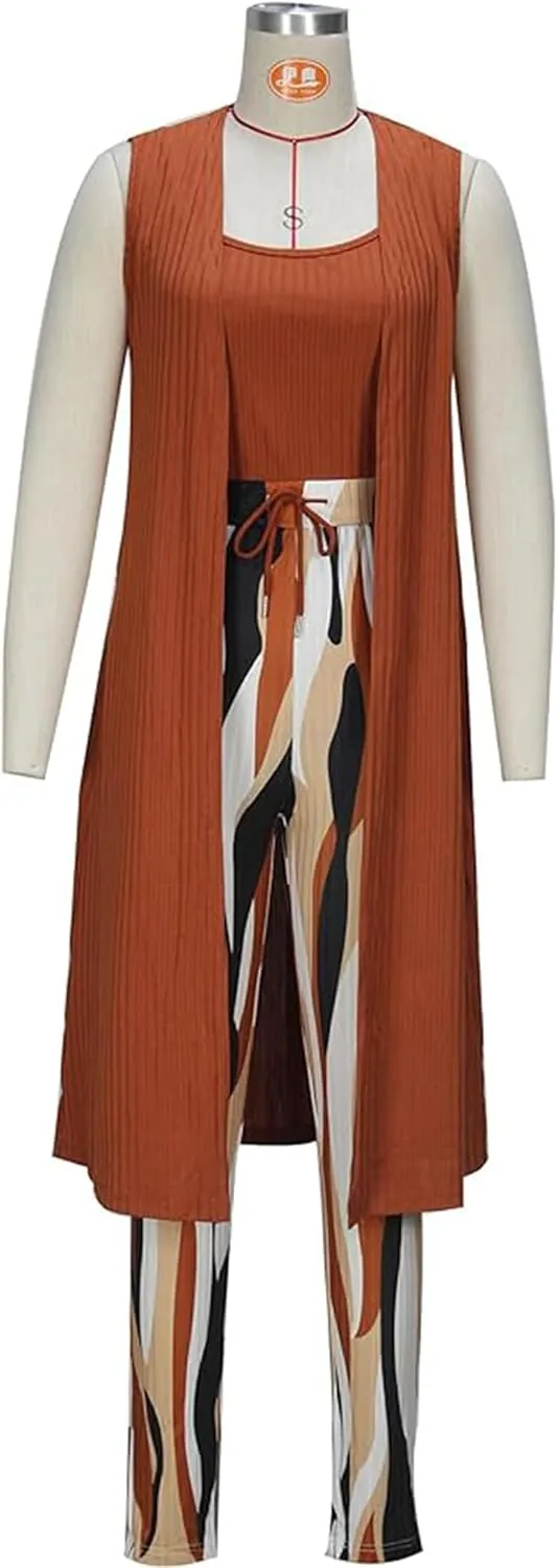 Women's 3 Piece Lounge Travel Set Pajamas Set Sweatsuit Outfits Long Cardigan   Pants  Tank