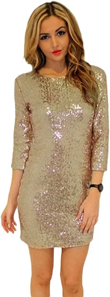Womens 3/4 Sleeve V Neck Sequin Sparkle Glitzy Glam Flapper Party Dress Cocktail Glitter Bodycon Wedding Evening Clubwear