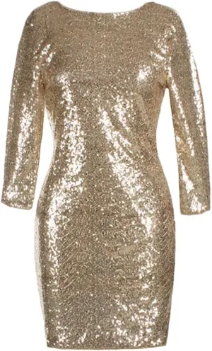 Womens 3/4 Sleeve V Neck Sequin Sparkle Glitzy Glam Flapper Party Dress Cocktail Glitter Bodycon Wedding Evening Clubwear