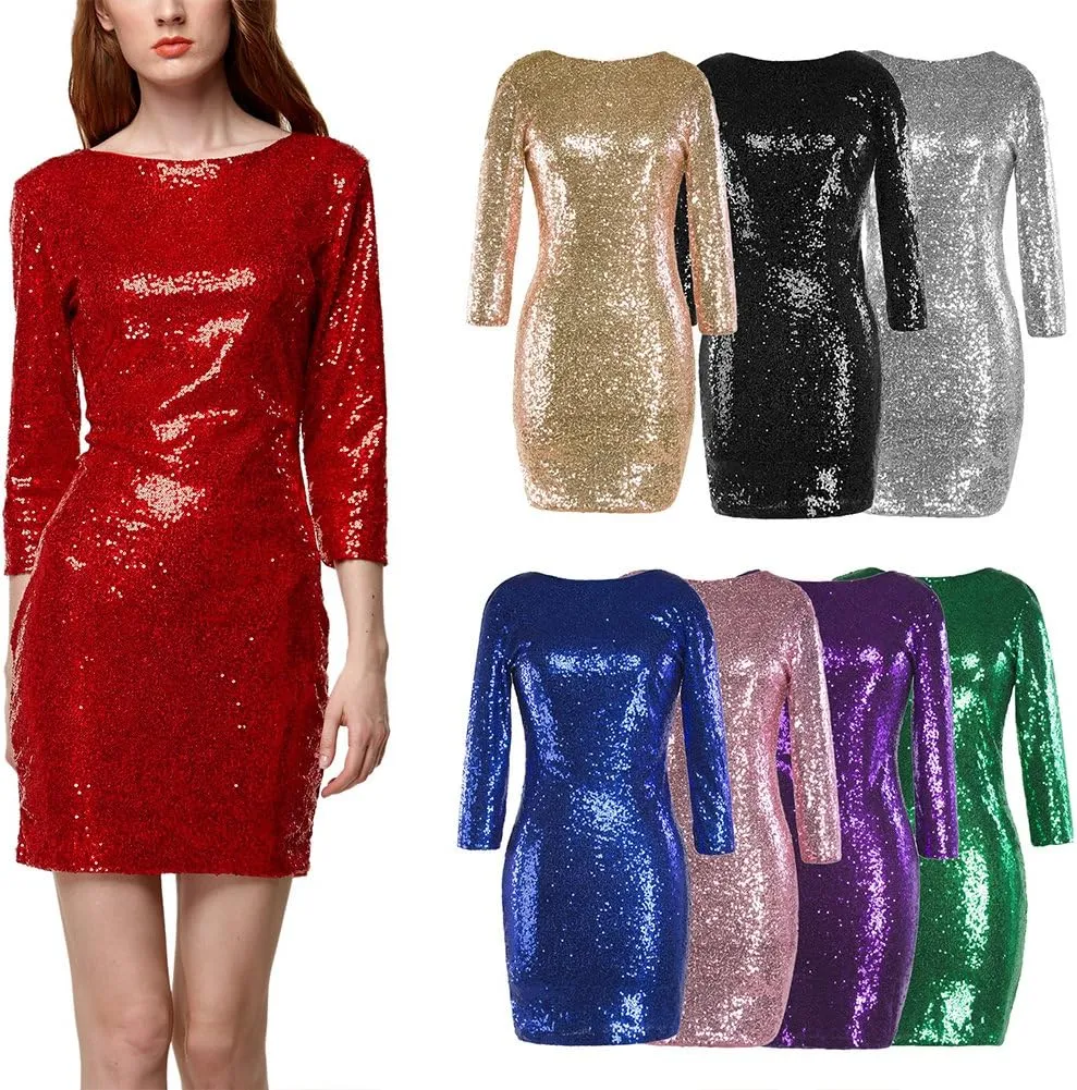 Womens 3/4 Sleeve V Neck Sequin Sparkle Glitzy Glam Flapper Party Dress Cocktail Glitter Bodycon Wedding Evening Clubwear