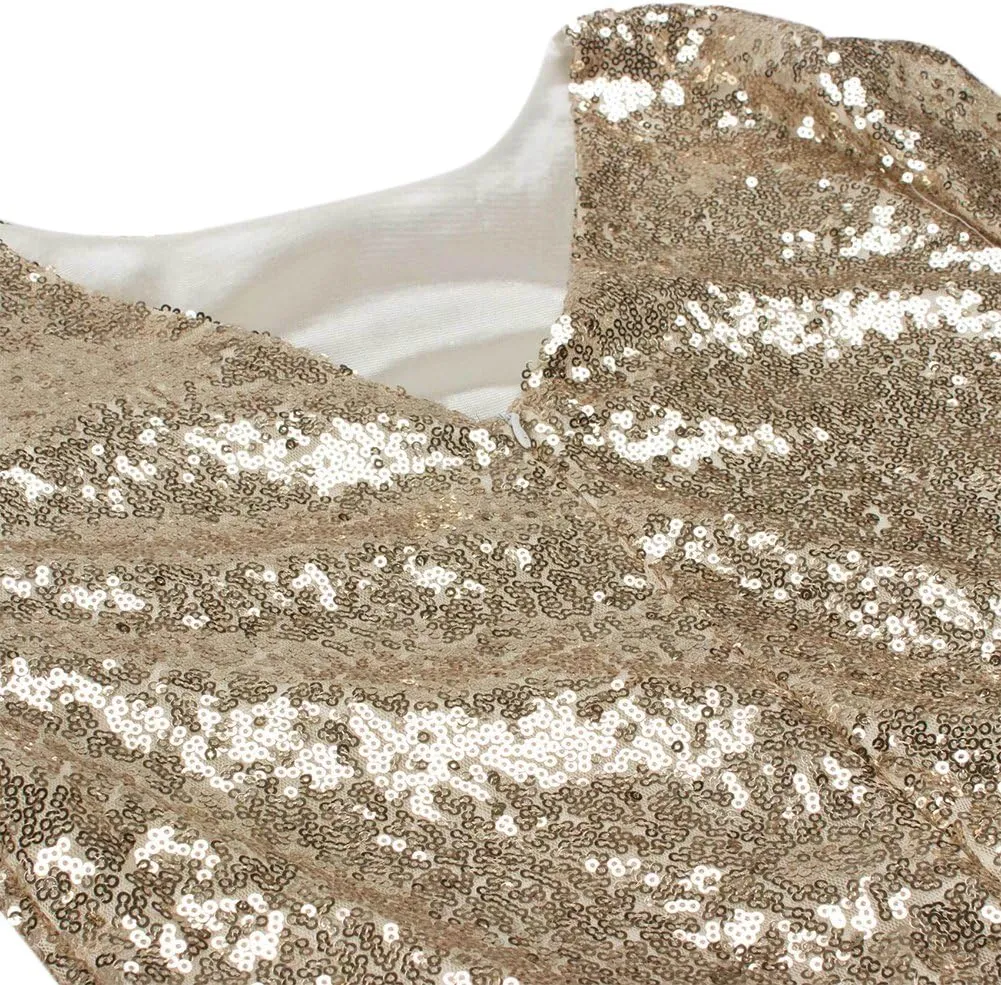 Womens 3/4 Sleeve V Neck Sequin Sparkle Glitzy Glam Flapper Party Dress Cocktail Glitter Bodycon Wedding Evening Clubwear