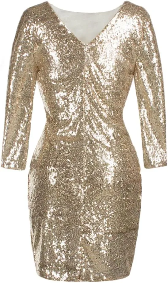 Womens 3/4 Sleeve V Neck Sequin Sparkle Glitzy Glam Flapper Party Dress Cocktail Glitter Bodycon Wedding Evening Clubwear