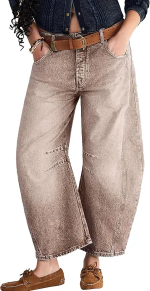 Women's Barrel Jeans Vintage Mid Rise Wide Leg Y2k Baggy Boyfriend Ankle Denim Pants