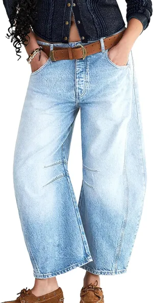 Women's Barrel Jeans Vintage Mid Rise Wide Leg Y2k Baggy Boyfriend Ankle Denim Pants