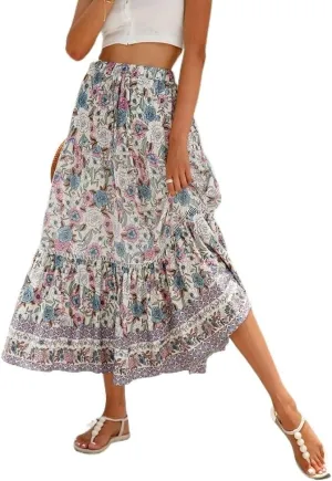Womens Boho Floral Print High Waisted Midi Skirts A-Line Elastic Waist Pleated Flowy Swing Summer Midi Skirt