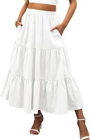 Women's Boho High Waist Long Skirt Casual Flowy Swing Ruffle A Line Beach Maxi Skirt with Pockets