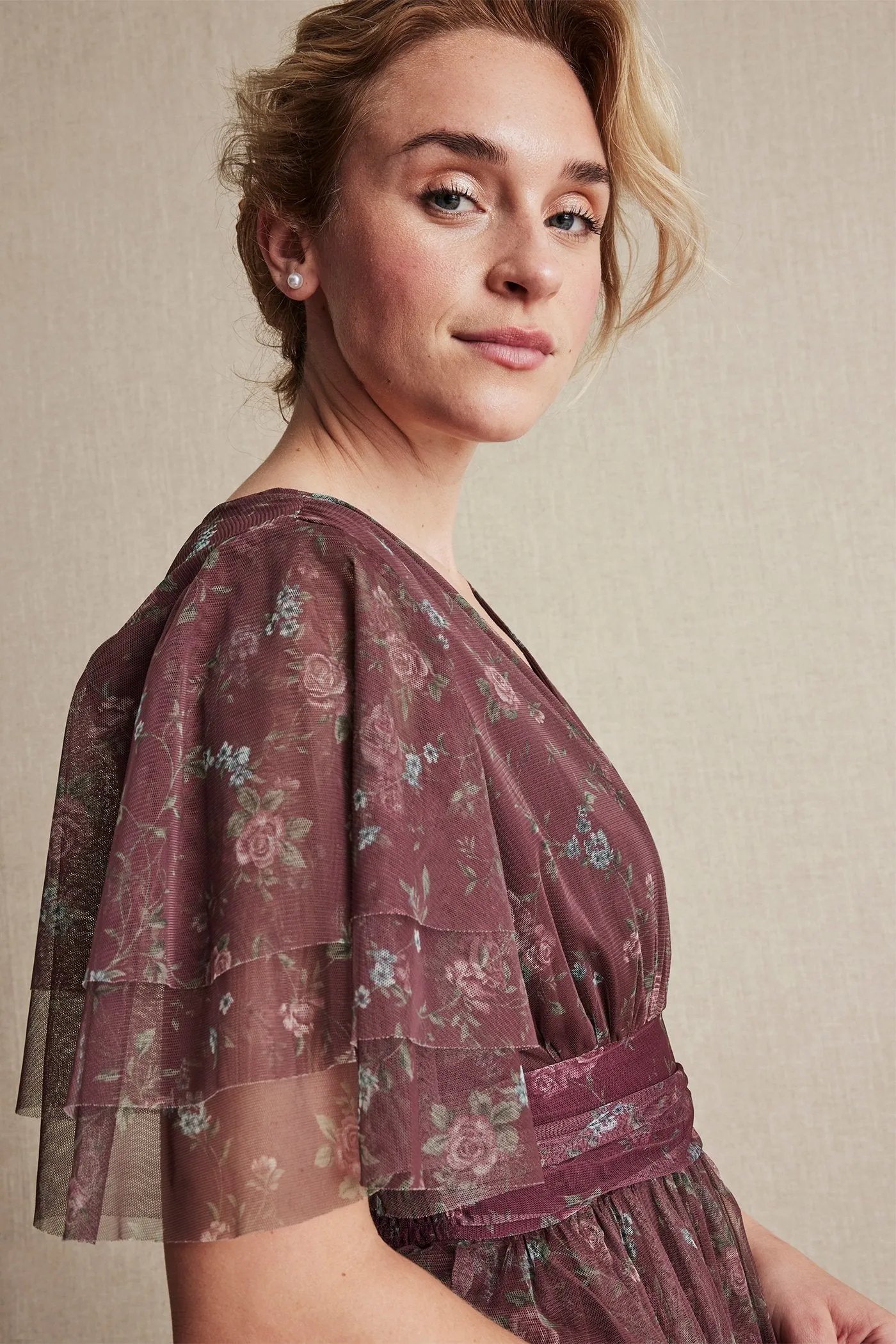 Womens burgundy floral chiffon dress