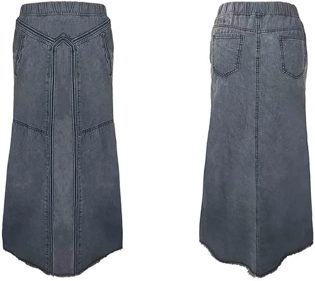 Women's Casual Elastic Large Size Women's Denim Skirt Waist Frayed Hem A-Line Distressed Hippie Long Maxi Denim Skirt