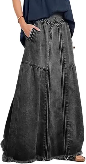 Women's Casual Elastic Large Size Women's Denim Skirt Waist Frayed Hem A-Line Distressed Hippie Long Maxi Denim Skirt