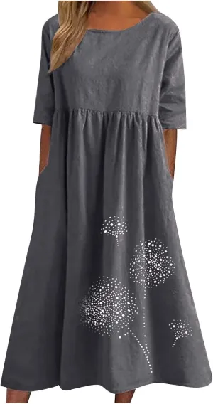 Women's Cotton Linen Short Sleeve Tshirt Dress Dandelion Print Casual Plus Size Midi Dresses Beach Dress with Pockets