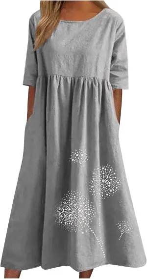 Women's Cotton Linen Short Sleeve Tshirt Dress Dandelion Print Casual Plus Size Midi Dresses Beach Dress with Pockets