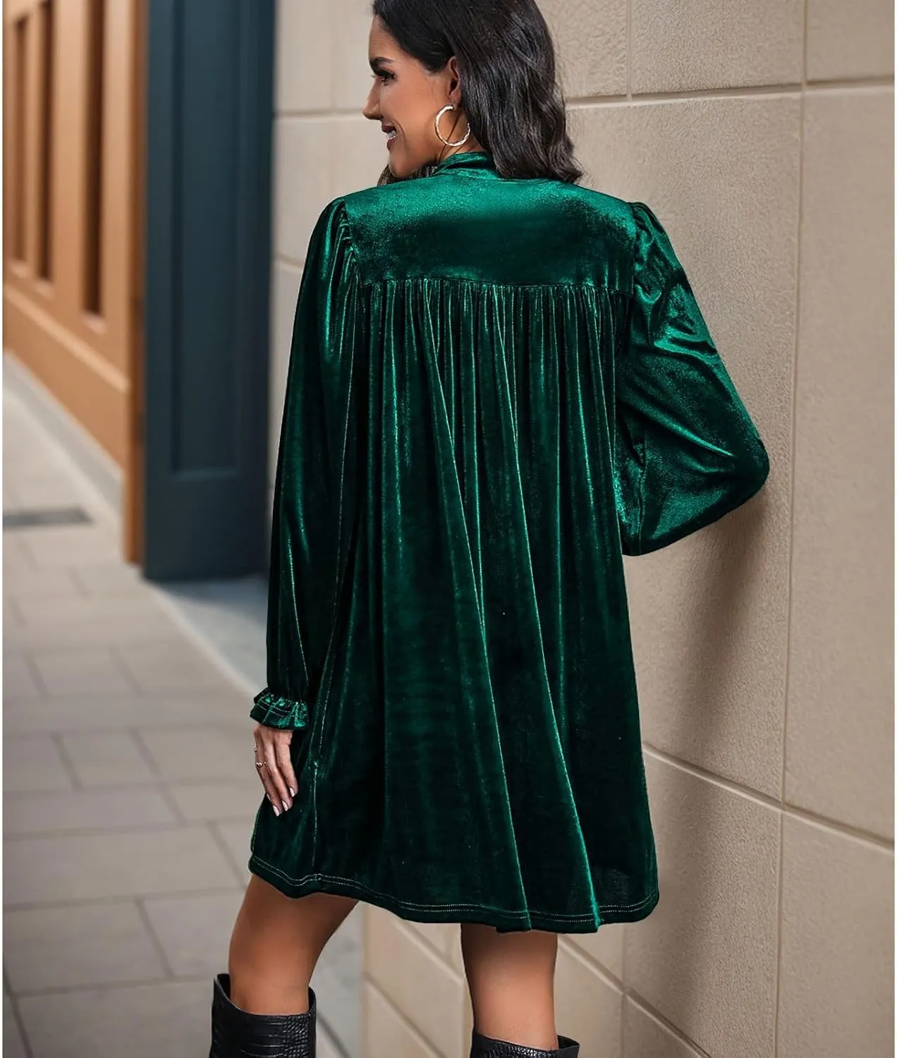 Women's Dresses Velvet Deep V-Neck Long Sleeve Ruffle Mini Swing Sexy Cocktail Shift Dress