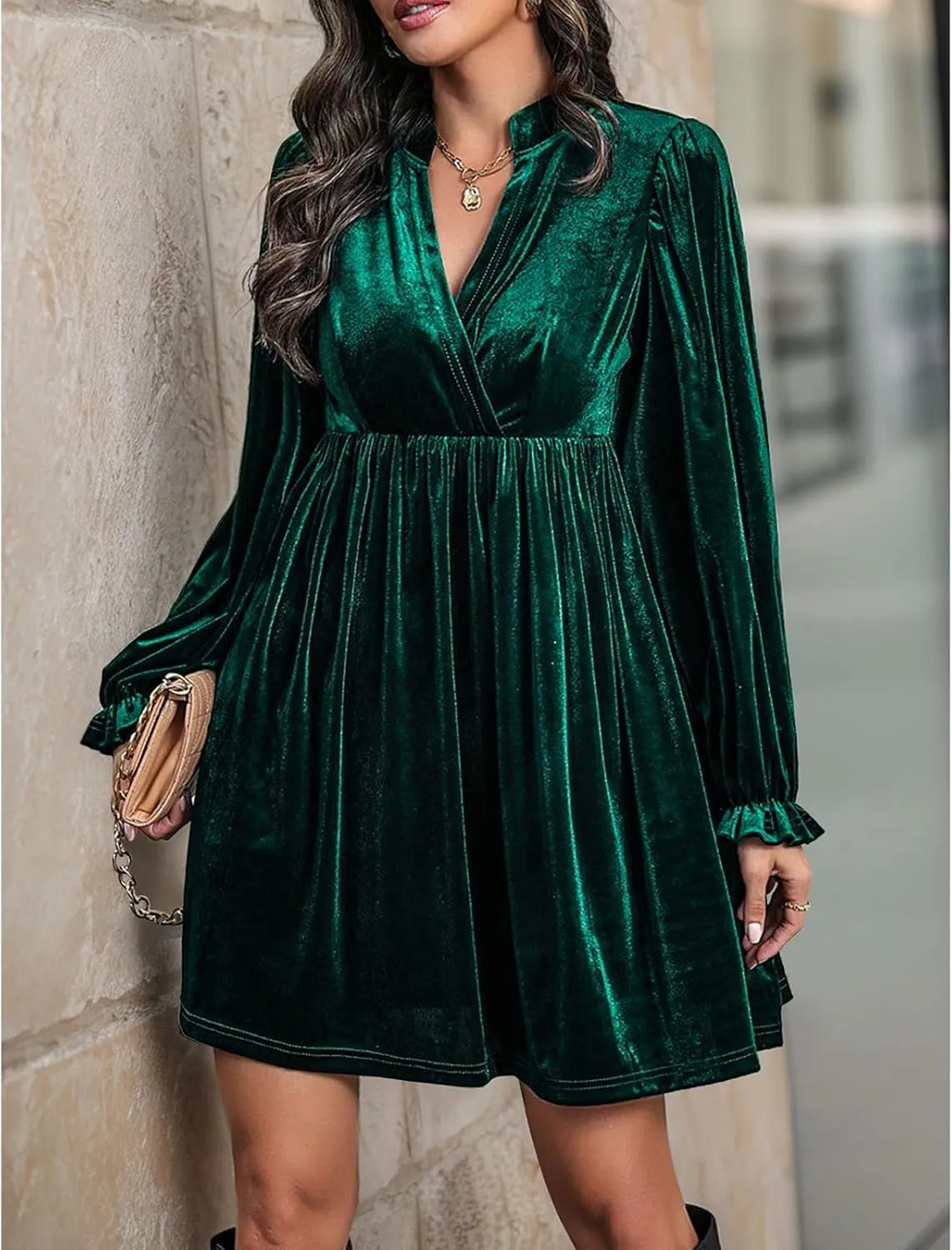 Women's Dresses Velvet Deep V-Neck Long Sleeve Ruffle Mini Swing Sexy Cocktail Shift Dress