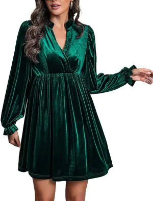 Women's Dresses Velvet Deep V-Neck Long Sleeve Ruffle Mini Swing Sexy Cocktail Shift Dress