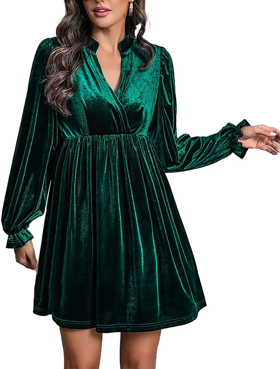 Women's Dresses Velvet Deep V-Neck Long Sleeve Ruffle Mini Swing Sexy Cocktail Shift Dress