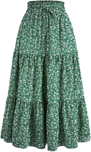 Women's Elastic High Waist Pleated A-Line Skirts Vintage Casual Maxi Skirt Women Daily Work Skirt