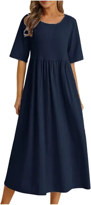 Women's Fashion Trendy 2025 Half Sleeve Linen Maxi Dresses Casual Loose Plus Size A Line Pleated Beach Dress Outfits