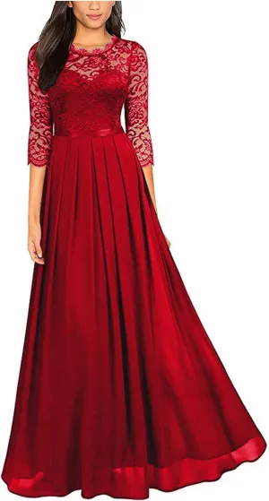 Women's Floral Lace Maxi Dress 3/4 Sleeve Bridesmaid Party Dress Vintage Formal Cocktail Party Swing Dresses