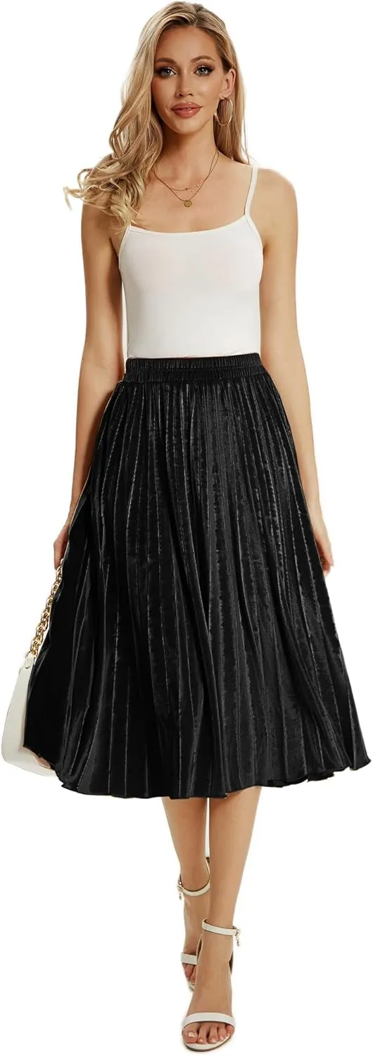 Women's High Elastic Waist Velvet A Line Pleated Swing Midi Skirt