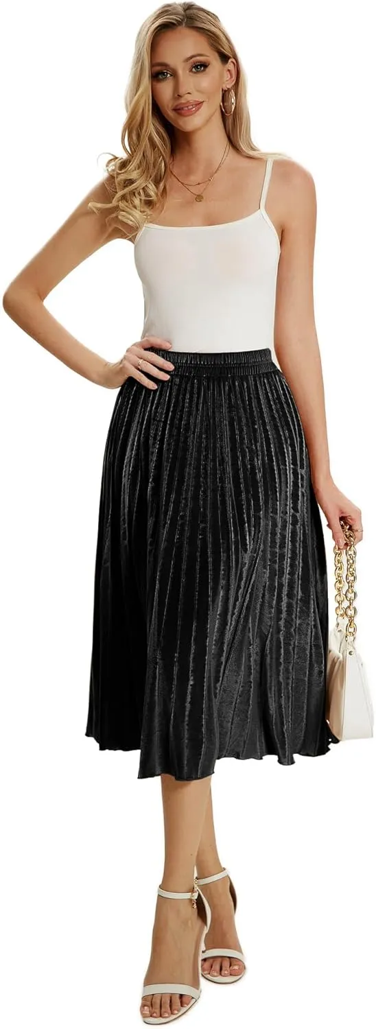 Women's High Elastic Waist Velvet A Line Pleated Swing Midi Skirt
