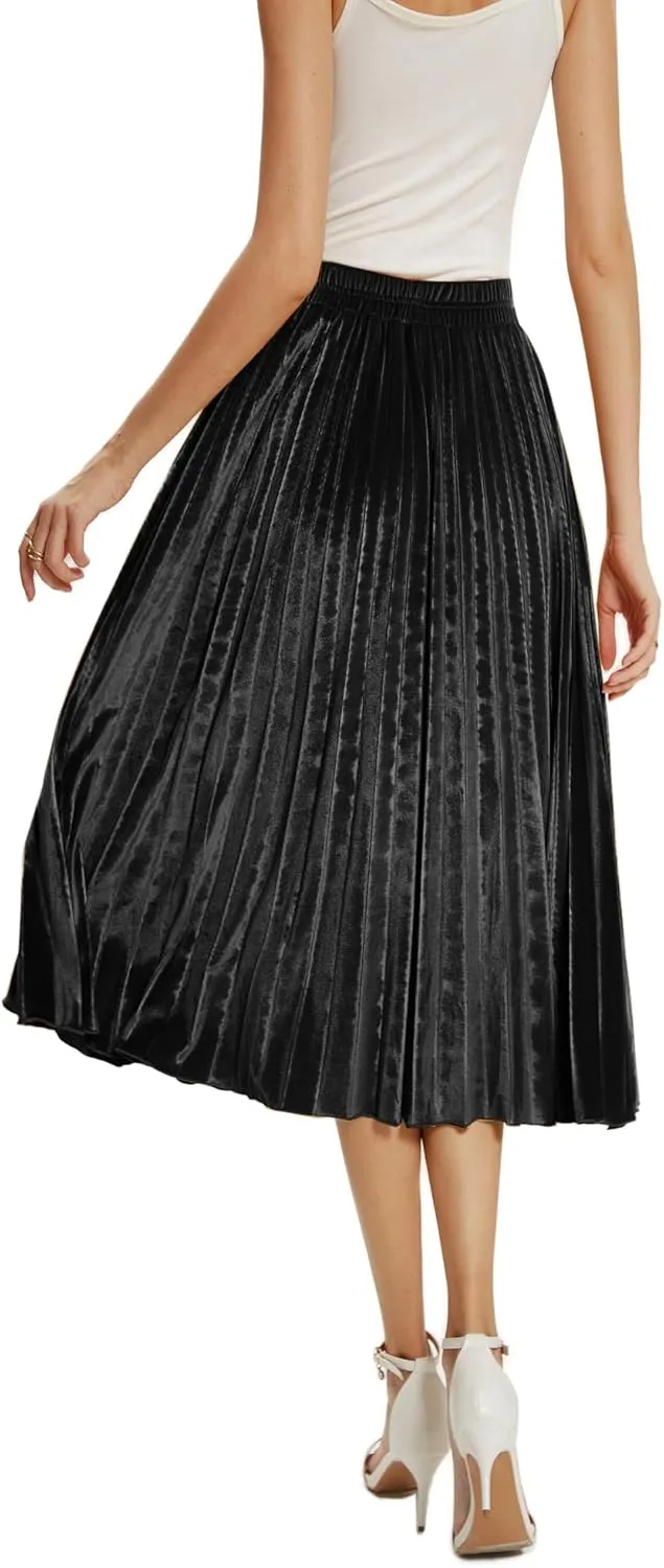 Women's High Elastic Waist Velvet A Line Pleated Swing Midi Skirt