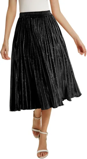 Women's High Elastic Waist Velvet A Line Pleated Swing Midi Skirt