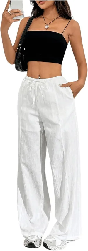 Women's High Waist Drawstring Wide Leg Pants Baggy Casual Lounge Trouser with Pockets