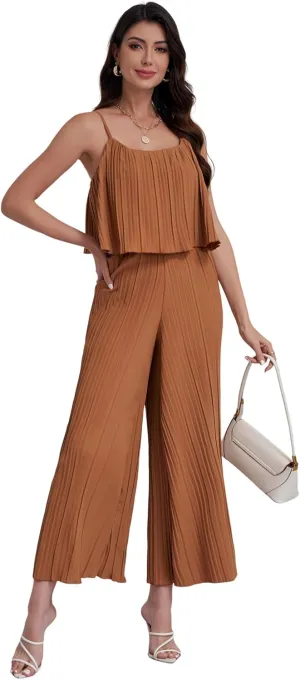 Women's Jumpsuit Casual Cape Ruffled Jumpsuit Spaghetti Straps Wide Leg Pants Long Jumpsuit with Pockets