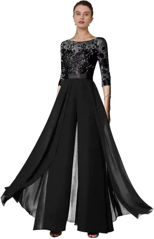 Women's Lace Appliques Mother of The Bride Pants Suits for Wedding Formal Jumpsuit