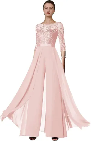 Women's Lace Appliques Mother of The Bride Pants Suits for Wedding Formal Jumpsuit