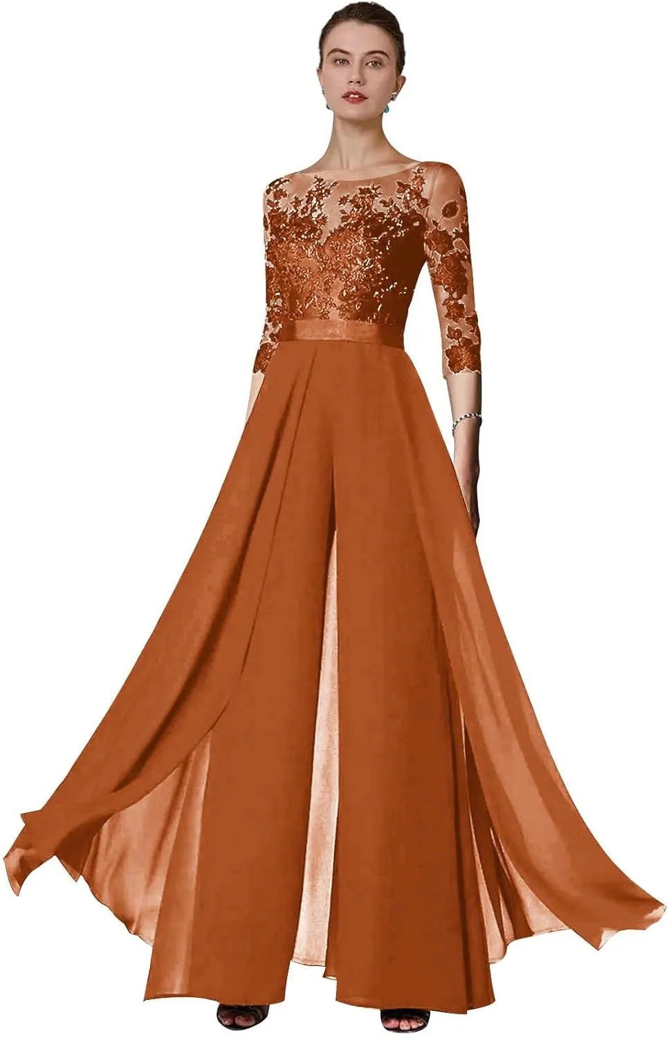 Women's Lace Appliques Mother of The Bride Pants Suits for Wedding Formal Jumpsuit
