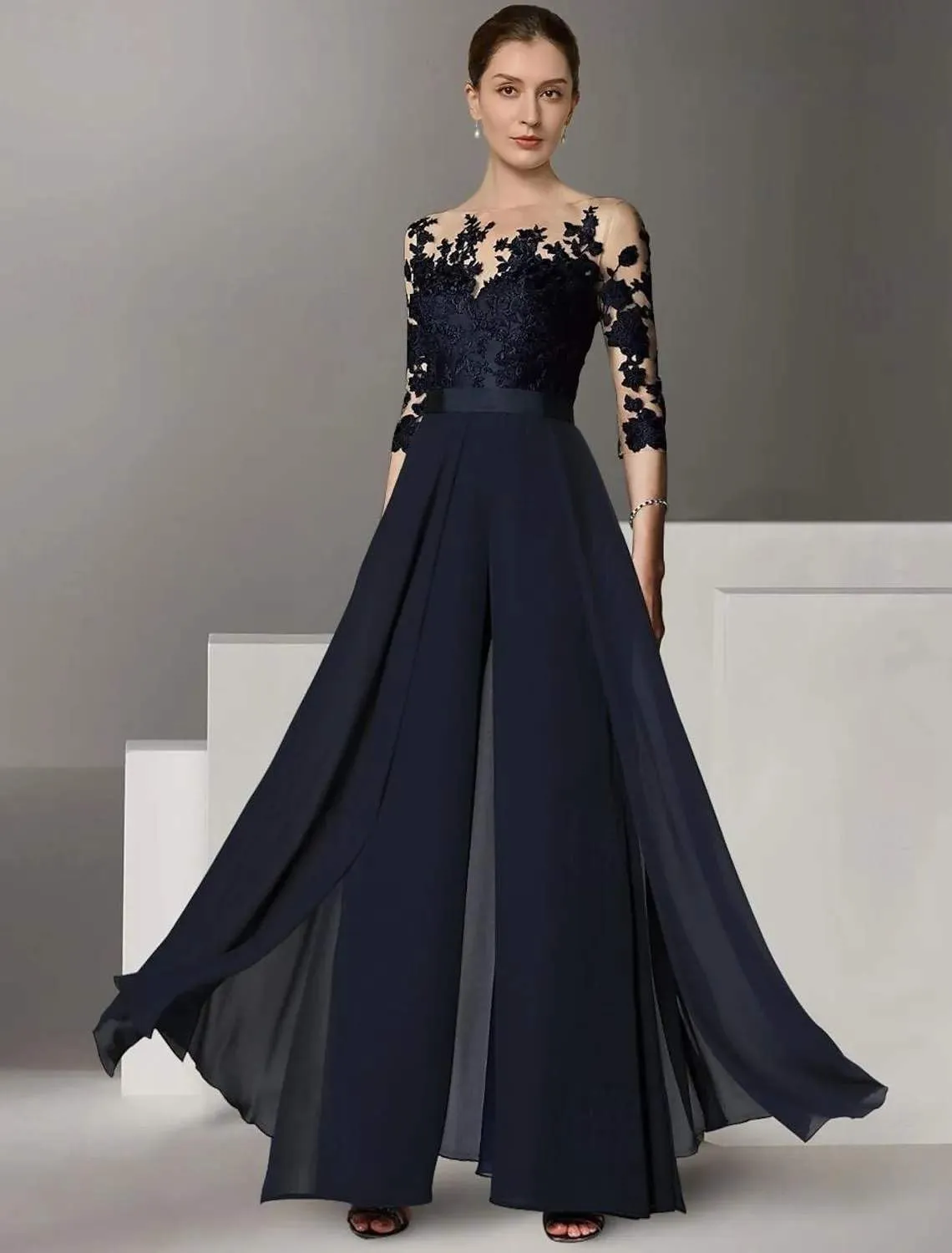 Women's Lace Appliques Mother of The Bride Pants Suits for Wedding Formal Jumpsuit
