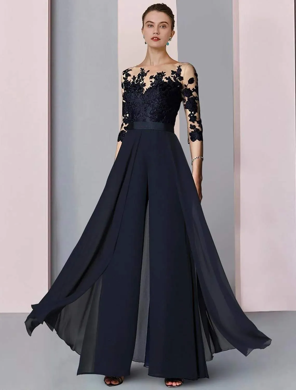 Women's Lace Appliques Mother of The Bride Pants Suits for Wedding Formal Jumpsuit