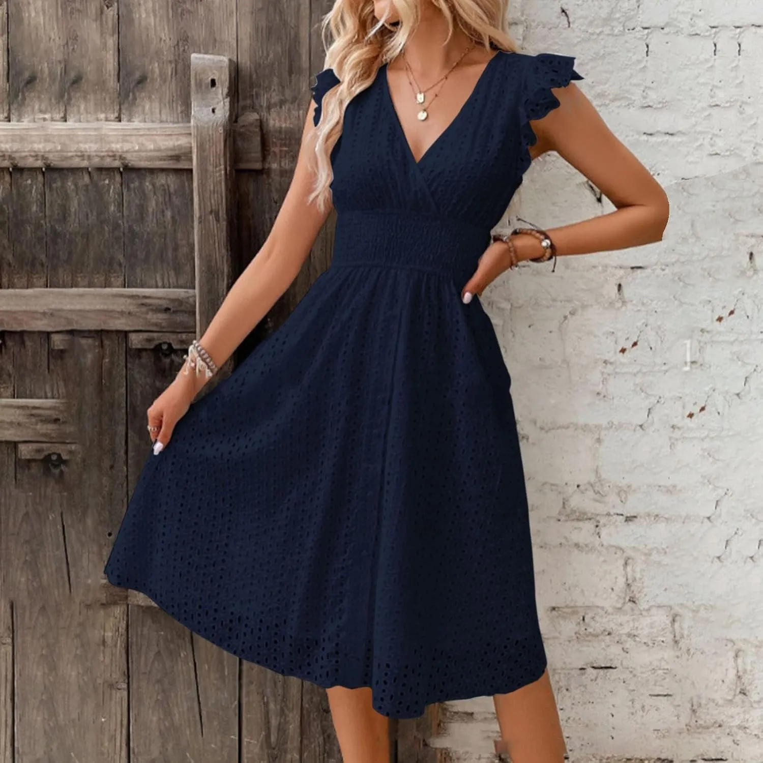 Women's Lace Jacquard Cutout Maxi Dress Summer Casual Boho Dress Ruffle Sleeve A Line Dresses Flowy Swing Sun Dress