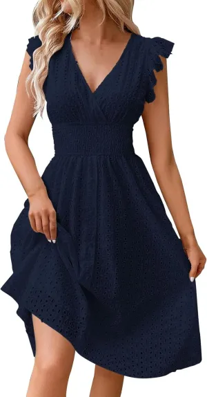 Women's Lace Jacquard Cutout Maxi Dress Summer Casual Boho Dress Ruffle Sleeve A Line Dresses Flowy Swing Sun Dress