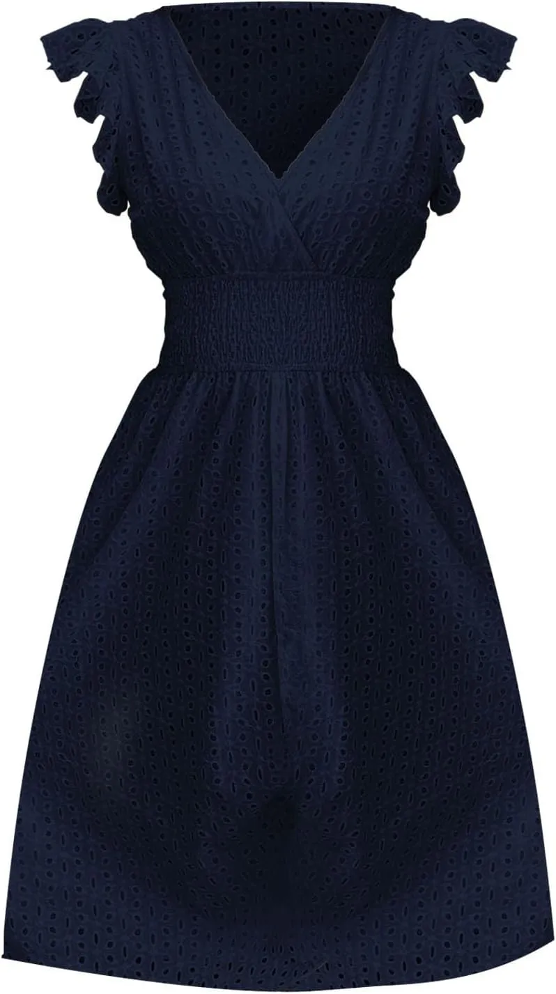 Women's Lace Jacquard Cutout Maxi Dress Summer Casual Boho Dress Ruffle Sleeve A Line Dresses Flowy Swing Sun Dress