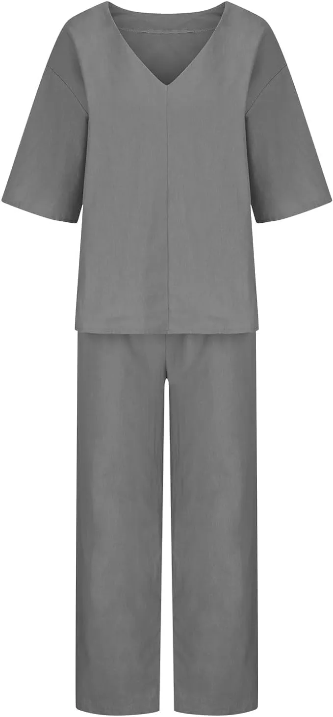 Womens Linen Top and Wide Leg Pants Suit 2 Pieces Summer Casual Elegant Outfit