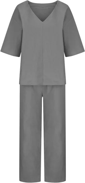 Womens Linen Top and Wide Leg Pants Suit 2 Pieces Summer Casual Elegant Outfit
