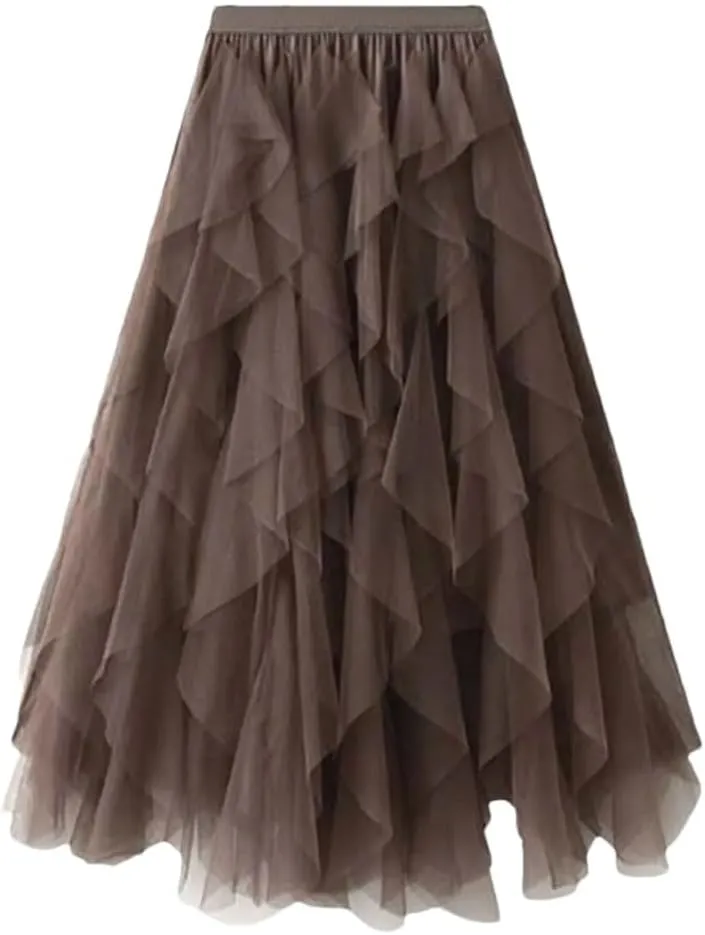Women's Mesh Cake Skirts High Waist Party Prom Layered Tulle A Line Midi Skirt