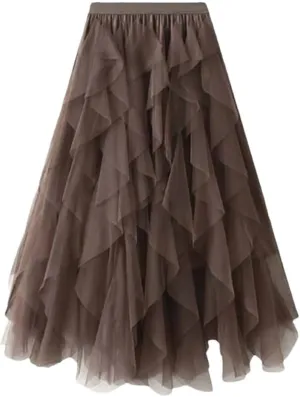 Women's Mesh Cake Skirts High Waist Party Prom Layered Tulle A Line Midi Skirt