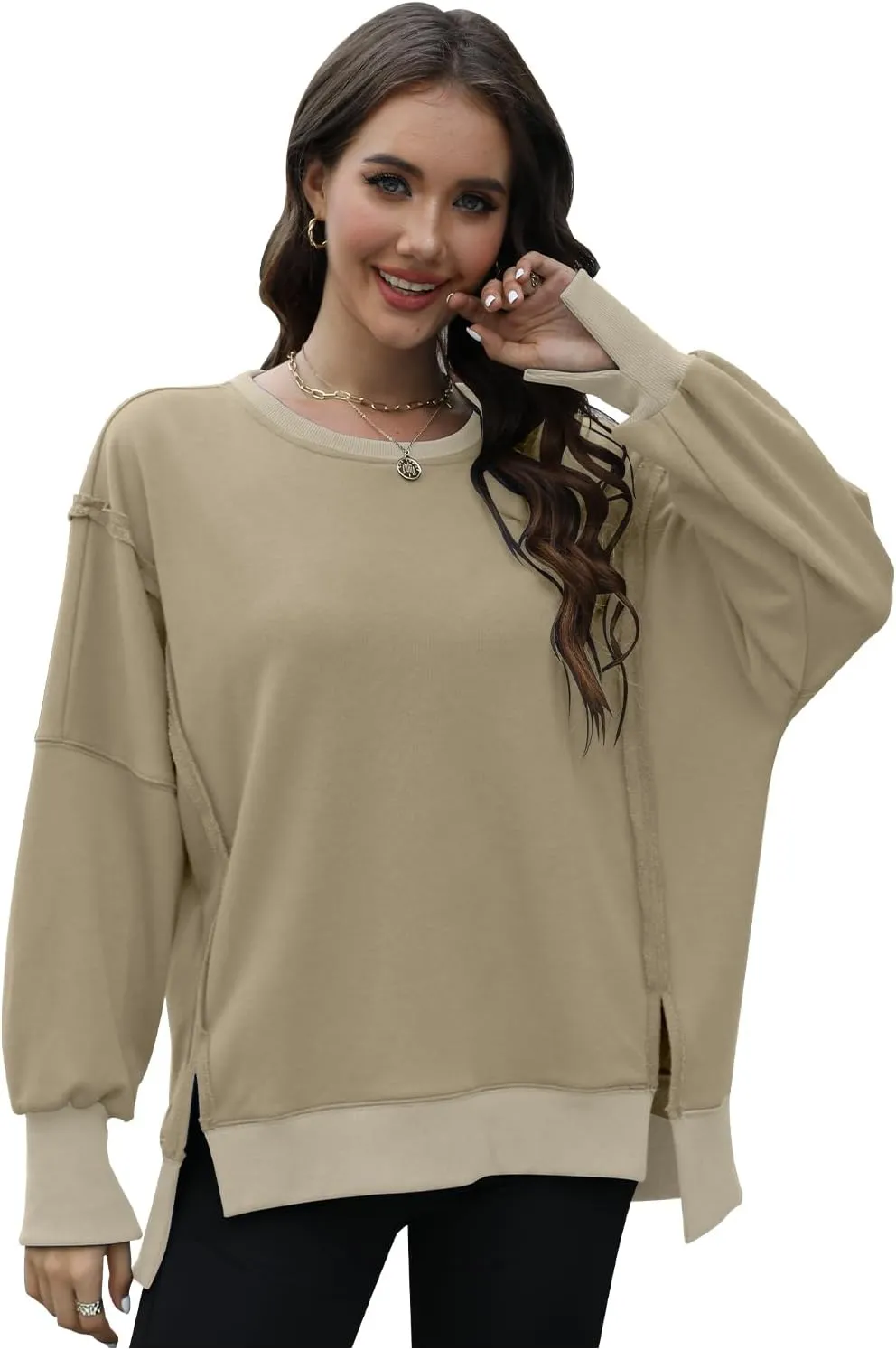 Womens Oversized Sweatshirts Crew Neck Long Sleeve Hoodies Casual Slit Sloucthy 2024 Trendy Pullover Clothes