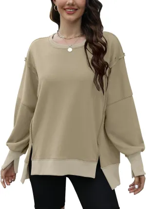 Womens Oversized Sweatshirts Crew Neck Long Sleeve Hoodies Casual Slit Sloucthy 2024 Trendy Pullover Clothes
