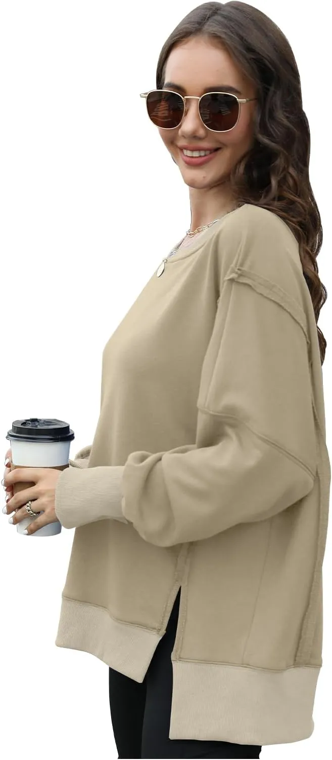 Womens Oversized Sweatshirts Crew Neck Long Sleeve Hoodies Casual Slit Sloucthy 2024 Trendy Pullover Clothes