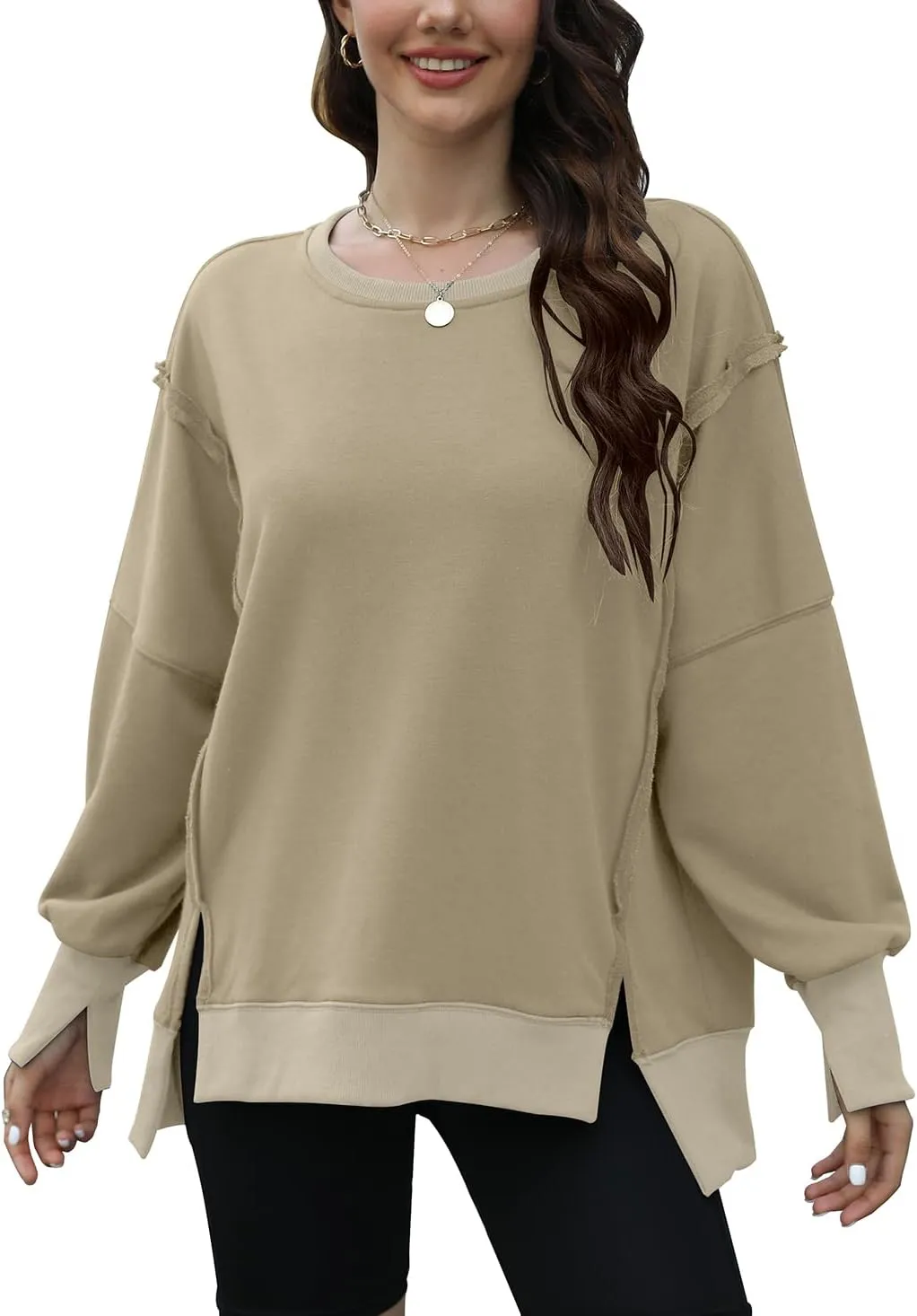 Womens Oversized Sweatshirts Crew Neck Long Sleeve Hoodies Casual Slit Sloucthy 2024 Trendy Pullover Clothes