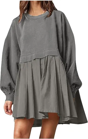 Women's Patchwork Ruffle Hem Long Sleeve Round Neck Babydoll Mini Dress Fall Solid Color Casual Dress