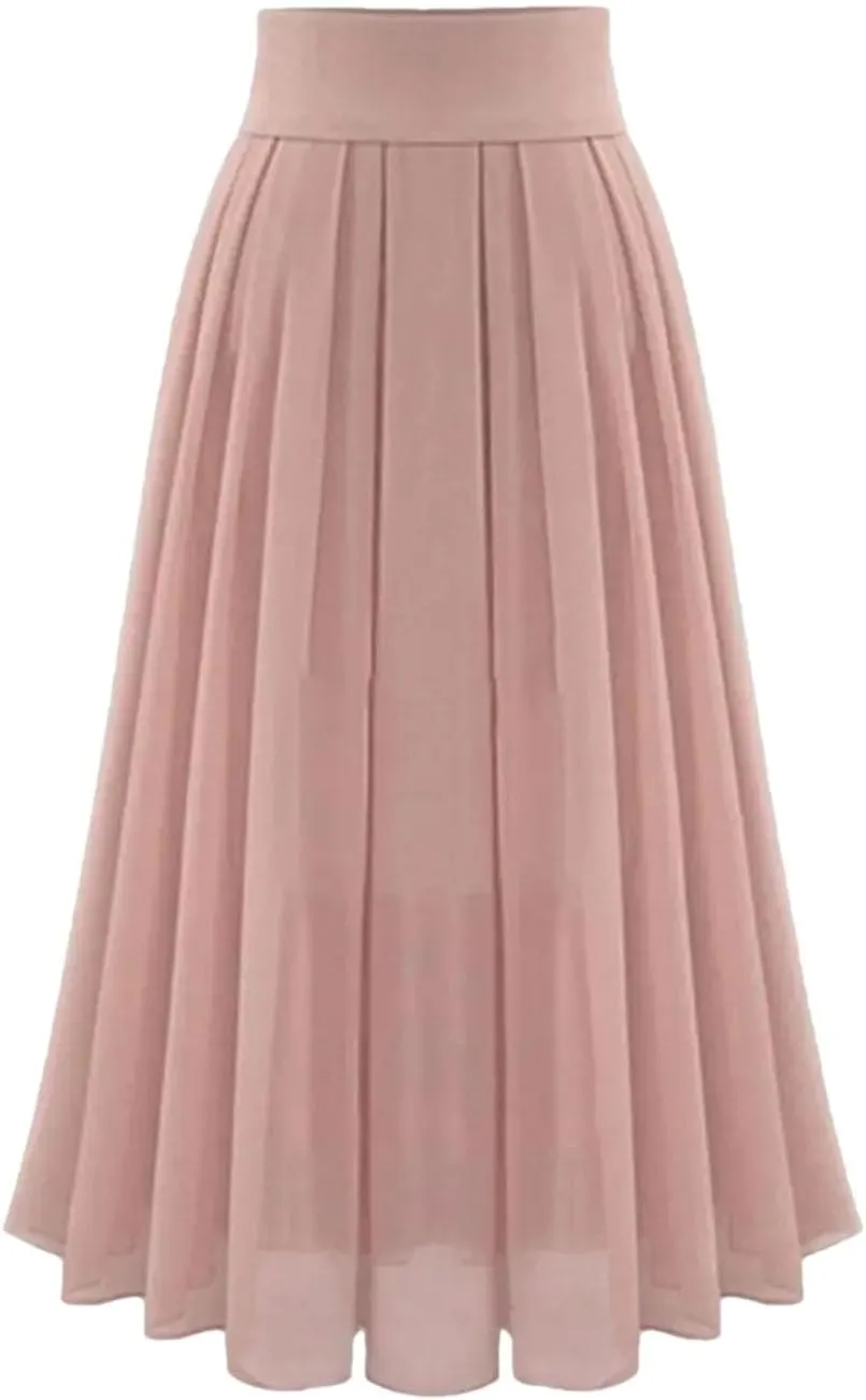 Women's Pleated Skirts Elastic High Waist A-Line Solid Color Slim Fit Casual Midi Swing Skirt