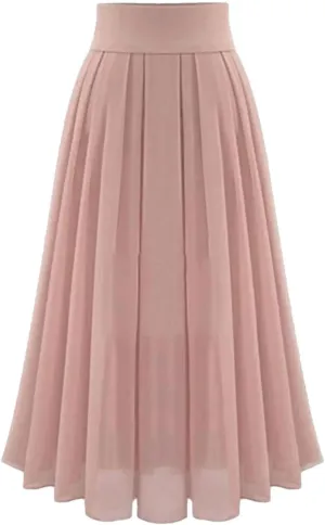 Women's Pleated Skirts Elastic High Waist A-Line Solid Color Slim Fit Casual Midi Swing Skirt