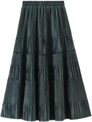 Women's Pleated Skirts Loose High Waist Vintage Solid Color A-Line Casual Skirt
