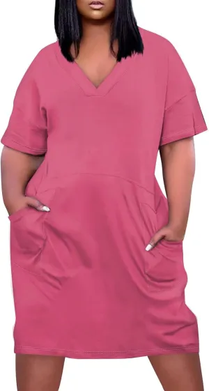 Women's Plus Size Dresses for Curvy Summer V Neck Short Sleeve Solid Midi Oversized T Shirt Dresses, L-5XL